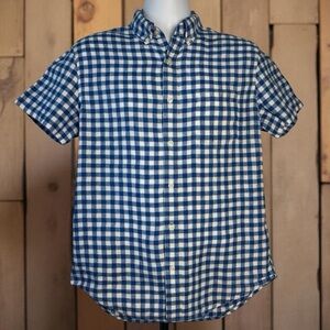 J Crew Mens Blue White Gingham Short Sleeve Slim Linen Cotton Button Down Shirt